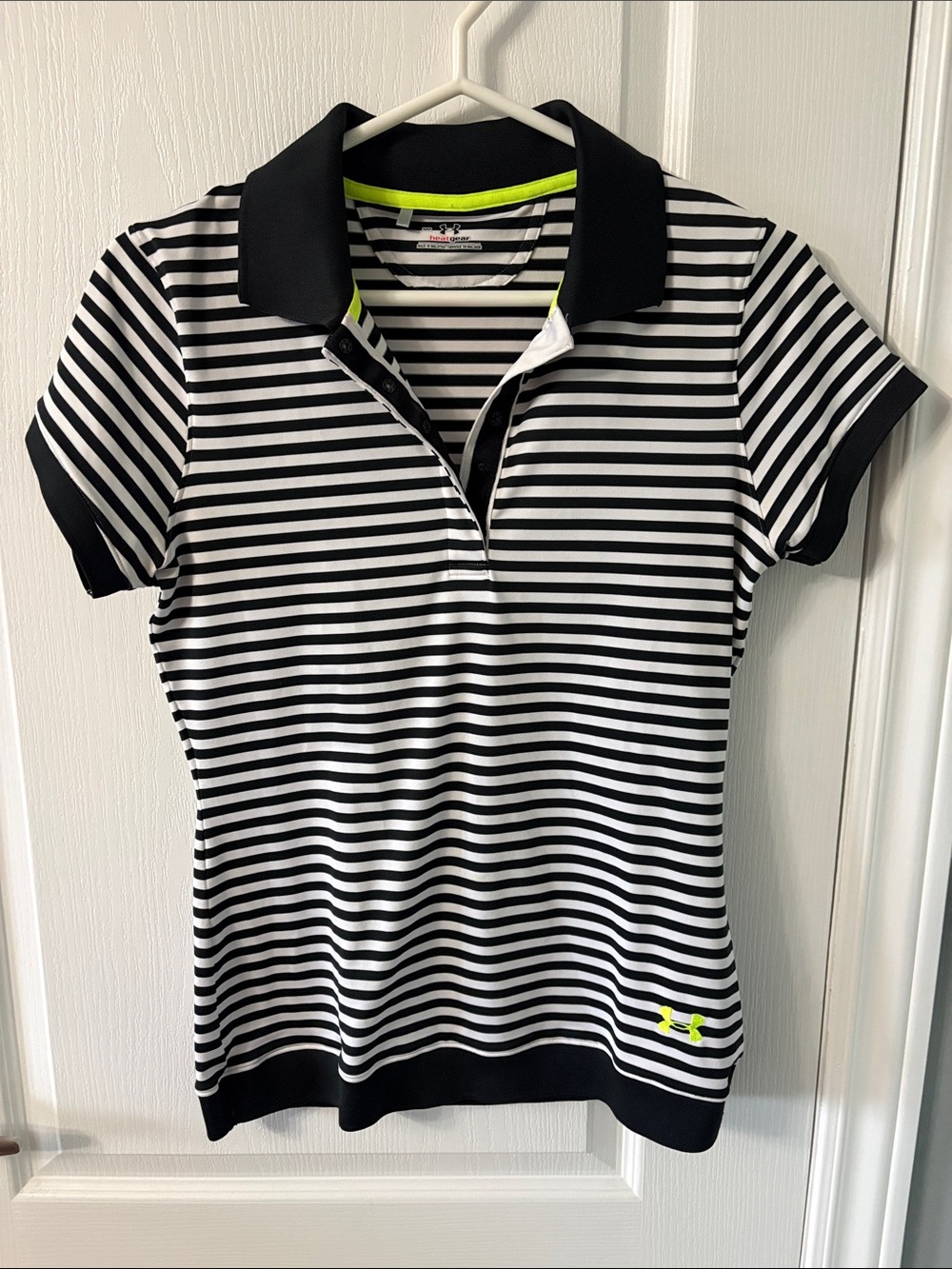 Under Armour Black & White Striped Polo with Neon Yellow Accent